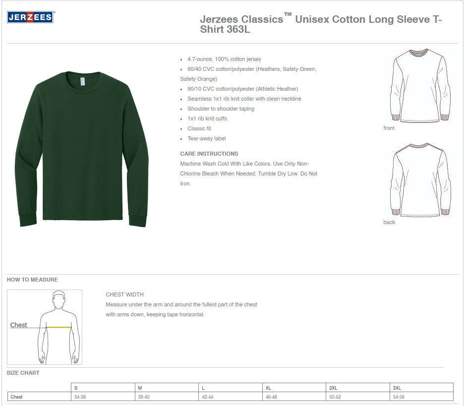Jerzees Classics® Unisex Cotton Long Sleeve T-Shirt - Ref 363L