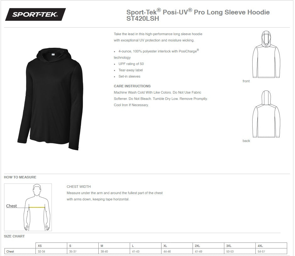 Sport-Tek® Posi-UV® Pro Long Sleeve Hoodie Unisex - Ref ST420LSH