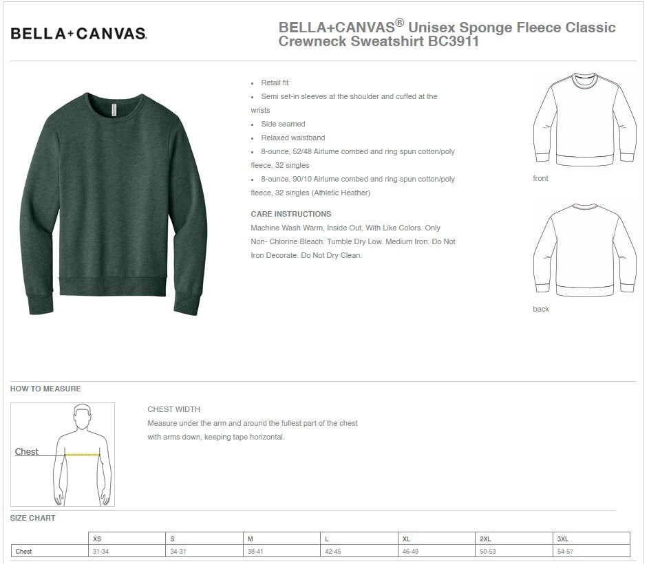 BELLA+CANVAS® Unisex Sponge Fleece Classic Crewneck Sweatshirt - Ref BC3911